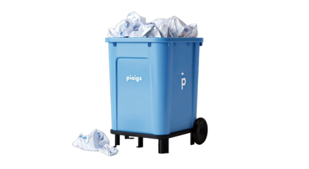 Blue wheeled bin overflowing with white crumpled clothing, with more items on ground