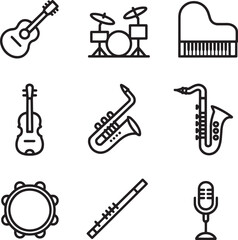 Acoustic sound instruments and performance equipment vector line icons set for entertainment and hobby needs