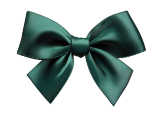 A dark teal satin ribbon tied in a classic bow with flowing loops
