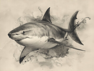 Elegant black ink shark rendered with expressive shan shui textures blending strength and serenity in motion