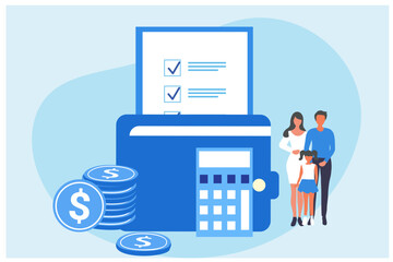 Family budget planning, saving money and planning Concept of Family money, household finance. Vector illustration 