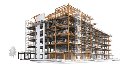 Modern multi-story building under construction, highlighting structural framework