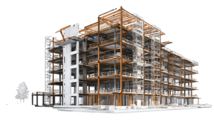 Modern multi-story building under construction, highlighting structural framework