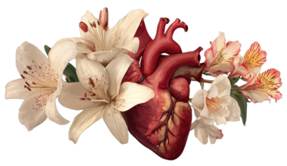 Anatomical heart entwined with blooming white and orange lilies
