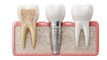 Cross-section showing damaged tooth, implant, and healthy tooth