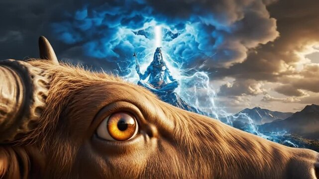 Close-up of Nandi Bull Eye with Lord Shiva and Electric Storm in Mountains - Concept of Cosmic Power