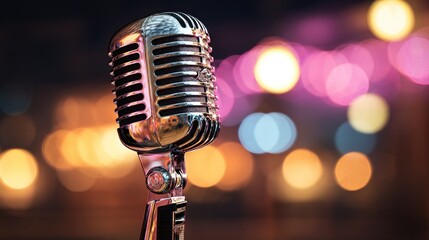 Classic chrome vintage microphone on stage with colorful bokeh
