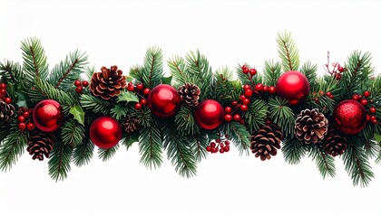 Christmas decoration with red balls and fir branches on white background