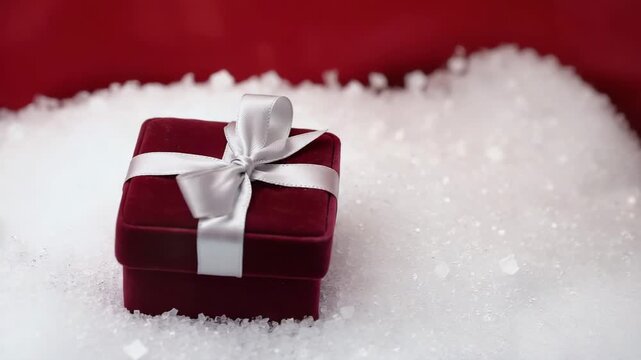 Elegant Valentine Gift and Jewelry Box on Snow with Vibrant Red Background 4K