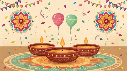 Vibrant diwali celebration hand drawn art with confetti and diyas