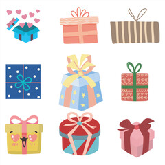 Vector set of 9 colorful gift boxes with ribbons and bows, isolated on white background for holiday and birthday celebration