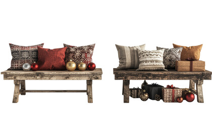 Festive living room setup with gifts and cushions bundle isolated on transparent.