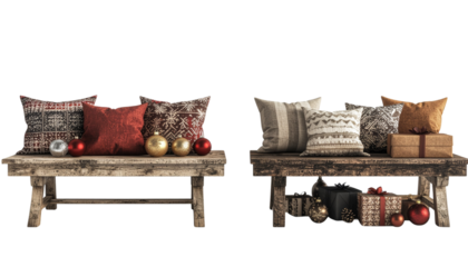 Festive living room setup with gifts and cushions bundle isolated on transparent.