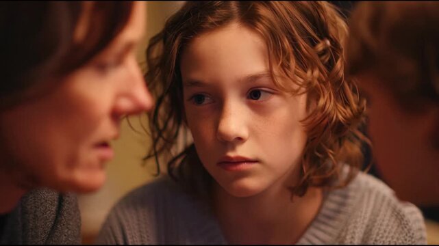 Parents and children face one another with serious expressions, confronting long-standing emotional issues in a quiet, heavy atmosphere.