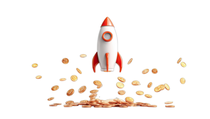 Rocket ship blasting off with a shower of golden coins
