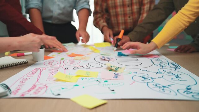A diverse group of professionals engages in a dynamic brainstorming session, surrounded by colorful sticky notes and diagrams, fostering creativity in an inspiring office environment. SACTR