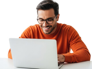 Happy man in orange sweater using laptop, remote work concept