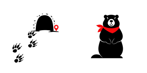 Groundhog illustration with cave and footprints on a transparent background