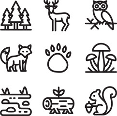 Wilderness wildlife and environment line icons set representing animals forest terrain and natural resources