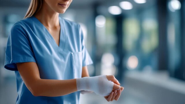 Female healthcare worker in blue medical uniform wrapping a bandage around her injured hand in a modern hospital corridor. Professional nurse demonstrates self care and resilience