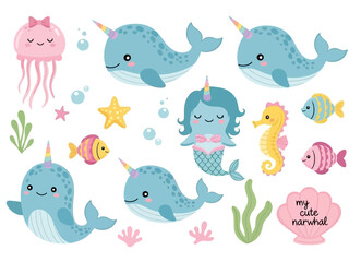 Kawaii Narwhal and Sea Creatures Vector Set - Cute Ocean Animals Clipart Bundle