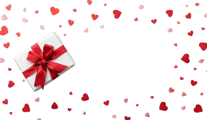 White gift box with red ribbon on a black background surrounded by hearts