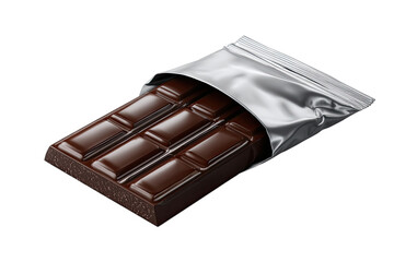 A rich, dark chocolate bar with a foil wrapper, isolated on a black background