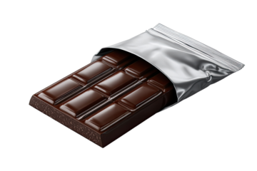 A rich, dark chocolate bar with a foil wrapper, isolated on a black background