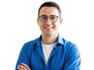 Smiling man with glasses and arms crossed, confident pose