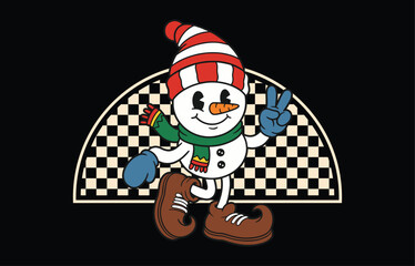 Retro Cartoon Snowman Making Peace Sign - Vintage Holiday Mascot Illustration