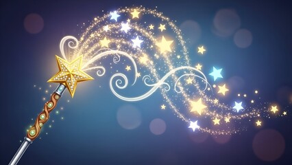 Magical Star Wand Creating Golden Stars on Dark Blue Background