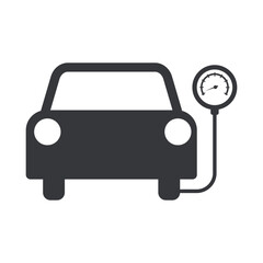 Isolated pictogram of a car with a tire pressure gauge symbol, representing wheel air pressure check, automotive safety reminder, maintenance alert, and vehicle care.