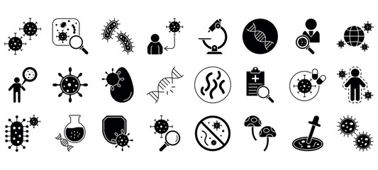 Microbiology icon set, study of microbe, bacteria and virus, disease and infection vector symbol. EPS 10