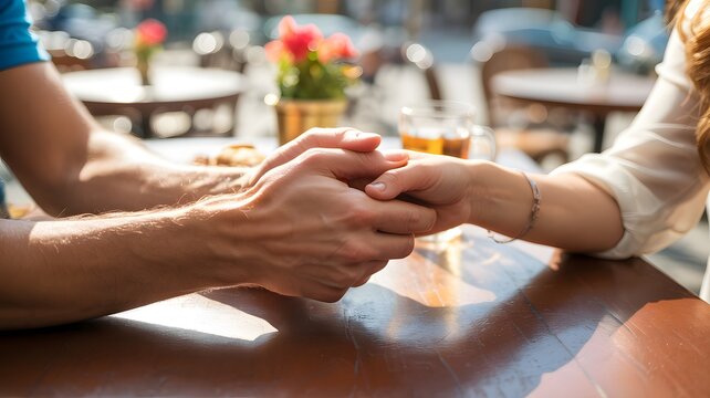Couple holding hands warmly at an outdoor cafe - Powered by Adobe
