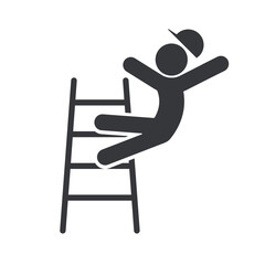 Isolated pictogram of a construction worker wearing a safety helmet falling from a ladder, symbolizing workplace danger, height risk, injury prevention, and safety awareness.