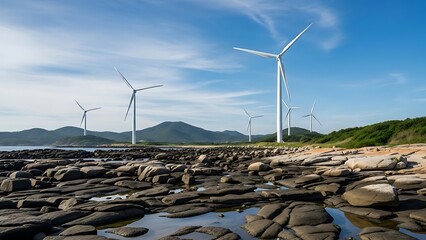 Modern wind turbines on a rugged rocky coastline with mountains under a clear blue sky symbolizing clean renewable energy.