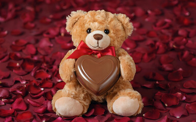 Cute teddy bear holding chocolate heart, sitting on red rose petals background, romantic valentine day gift concept, soft plush toy with ribbon, for holiday greeting card, love celebration.