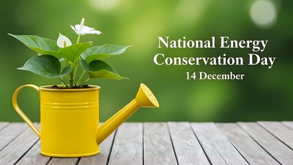 National Energy Conservation Day 14 December with a vibrant plant in a yellow watering can on a wooden table.