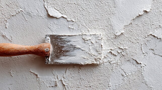 spackle. Extreme close-up of a putty knife smoothing spackle on a wall, showing textural transition. real-estate listings.