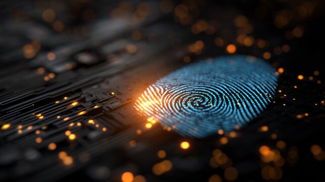 Fingerprint on circuit board, glowing blue, dark backdrop - Powered by Adobe