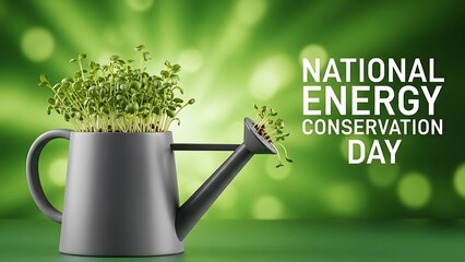 National Energy Conservation Day Green Sprouts in Watering Can on Blurred Green Background.