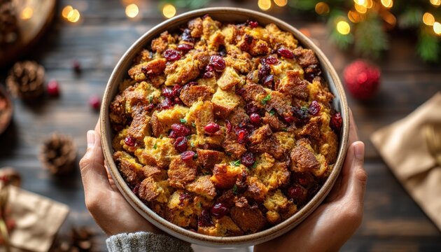 Top down view of a bowl of cranberry stuffing held by hands, surrounded by festive decorations, showcasing a delicious holiday dish perfect for gatherings