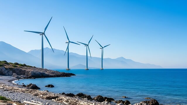 Offshore wind turbines by a rocky coast blue sea and distant mountains under a clear sky symbolizing clean energy. - Powered by Adobe