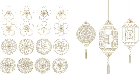 Traditional floral motifs and lanterns, cherry blossoms, rosettes, East Asian decorative elements, cultural celebration design, flat vector illustration © Creative Mind