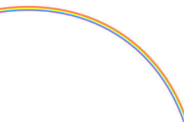 Bright sweeping rainbow arch spanning the upper frame, crisp glowing bands of color on expansive white, forming a bold yet uncluttered modern symbol of joy, harmony, and hopeful open skies

