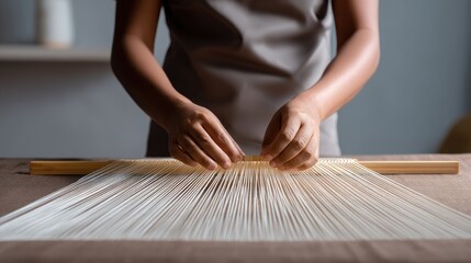 Artisan weaver carefully manipulating threads on a loom, showcasing skillful craftsmanship and dedication to traditional textile art in a serene workspace.