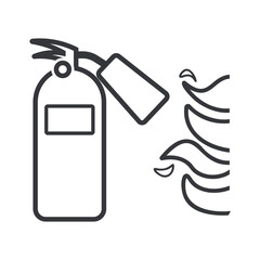 Isolated outline fire extinguisher pictogram with flame symbol, representing emergency equipment location, fire safety instruction, hazard prevention, and building protection signage guidance.
