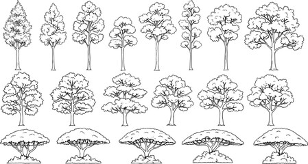 Black and white tree illustration set, diverse canopy shapes and foliage styles, botanical silhouette collection, flat vector illustration