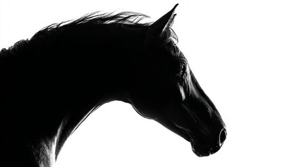 Black horse head silhouette illustration isolated on white background with elegant equine profile and detailed mane for graphic design and artistic projects
