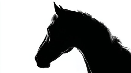 Black horse head silhouette illustration isolated on white background with elegant equine profile and detailed mane for graphic design and artistic projects